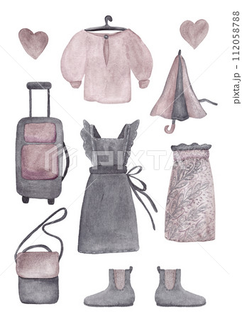 Spring set of women's travel clothing. Clip-art watercolor illustration of a woman traveler Spring set of women's travel clothing. Clip-art watercolor illustration of a woman traveler 112058788