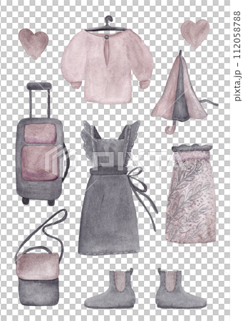 Spring set of women's travel clothing. Clip-art watercolor illustration of a woman traveler Spring set of women's travel clothing. Clip-art watercolor illustration of a woman traveler 112058788