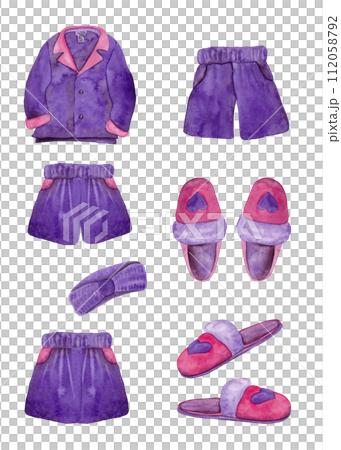 Clip-art of home clothes: slippers, pajamas with shorts, headband. 90s style. Illustrations watercolor Clip-art of home clothes: slippers, pajamas with shorts, headband. 90s style. Illustrations watercolor 112058792