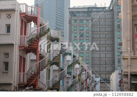 architecture of exterior spiral staircases of shophouse, Singapore 112058882