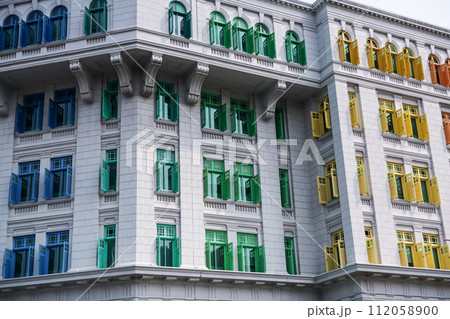 Colorful windows at old Hill Street Police Station building, Singapore 112058900
