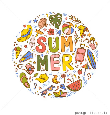 Round composition with summer themed cartoon objects 112058914