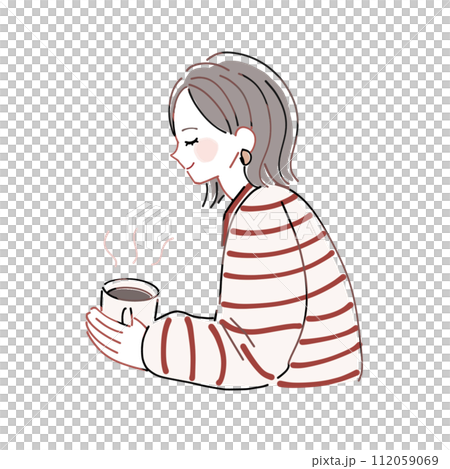 Illustration of a girl drinking coffee and taking a breather, colored, transparent 112059069