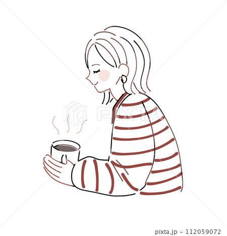 コーヒーを飲んで一息つく女の子のイラスト　線のみ　透過済み 112059072