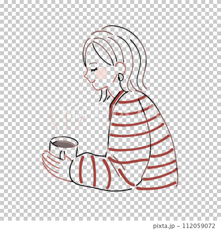 Illustration of a girl drinking coffee and taking a breather, lines only, transparent Illustration of a girl drinking coffee and taking a breather, lines only, transparent 112059072