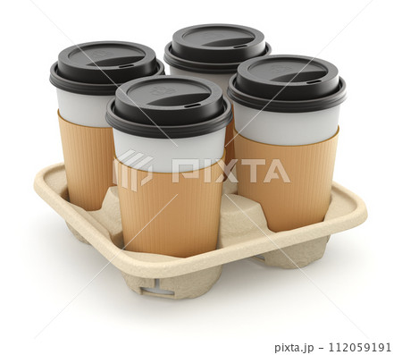 Takeout coffee cup set with the lid in the holder on white background - 3D illustration Takeout coffee cup set with the lid in the holder on white background - 3D illustration 112059191