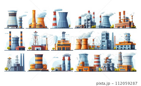 AI-generated content. Substations and power plants set. Energy production, heavy industry. Factory buildings, electricity production, technological facilities, nuclear energy, hydroelectric units 112059287