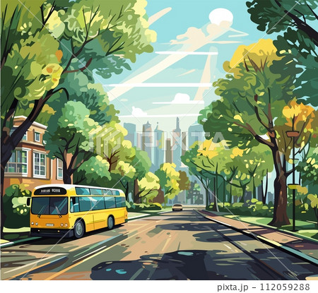 AI-generated content. Street landscape with school bus, parked to the side of the road. Trees, buildings, in cartoon style with modern city and skyscrapers on the horizon. View from the road, vibrant 112059288