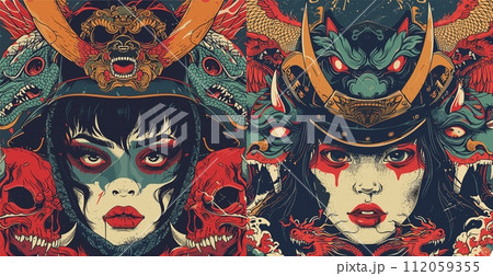 AI-generated content. Japan woman in samurai helmet, stylized posters. Vector illustrations of japanese girl in traditional native armor with decorative mythological abstract elements, demons, dragons 112059355