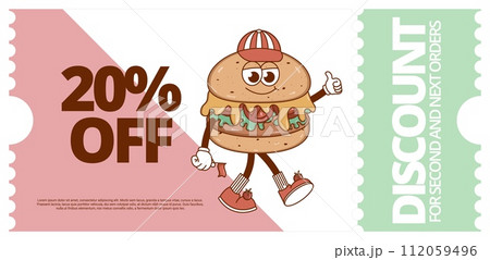 Set Retro groovy cartoon coupon, discount banner, gift voucher with character Burger. Vintage mascot with psychedelic smile. Funky vector illustration 112059496