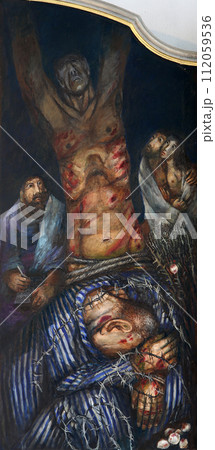 The righteous, detail of high altar by Sieger Koder in Church of Our Lady of Sorrows in Rosenberg, Germany 112059536