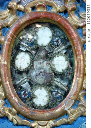 Reliquary with the image of the Passion of Jesus on the altar of Saint Francis Xavier in the Franciscan Church of Saint Catherine of Alexandria in Krapina, Croatia Reliquary with the image of the Passion of Jesus on the altar of Saint Francis Xavier in the Franciscan Church of Saint Catherine of Alexandria in Krapina, Croatia 112059558