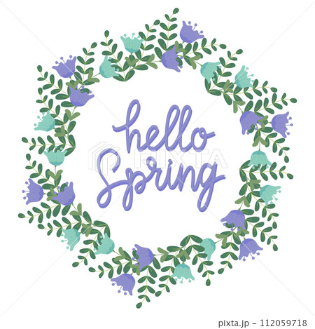 Hand drawn lettering Hello spring card with decorative floral frame, vector illustration for greeting card, invitation template. Retro, vintage lettering banner, poster, background. 112059718