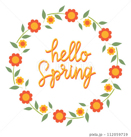Hand drawn lettering Hello spring card with decorative floral frame, vector illustration for greeting card, invitation template. Retro, vintage lettering banner, poster, background. 112059719