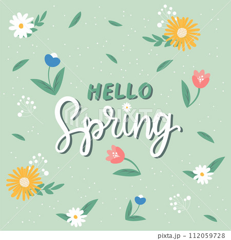 Hello Spring hand sketched card, vector illustration. Lettering spring season with leaves and flowers for greeting card, invitation template. Retro, vintage lettering banner, poster, background. 112059728