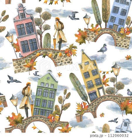 Ancient European houses are colorful, with autumn trees and leaves, stone bridges and lanterns, with a girl in a raincoat with an umbrella. Hand drawn watercolor illustration. Seamless pattern. Ancient European houses are colorful, with autumn trees and leaves, stone bridges and lanterns, with a girl in a raincoat with an umbrella. Hand drawn watercolor illustration. Seamless pattern. 112060032
