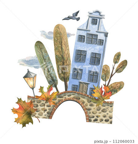 Ancient European houses are colorful, with autumn trees and leaves, stone bridges and lanterns. Hand drawn watercolor illustration. The composition is isolated from the background. Ancient European houses are colorful, with autumn trees and leaves, stone bridges and lanterns. Hand drawn watercolor illustration. The composition is isolated from the background. 112060033