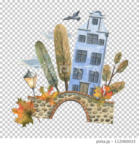 Ancient European houses are colorful, with autumn trees and leaves, stone bridges and lanterns. Hand drawn watercolor illustration. The composition is isolated from the background. Ancient European houses are colorful, with autumn trees and leaves, stone bridges and lanterns. Hand drawn watercolor illustration. The composition is isolated from the background. 112060033