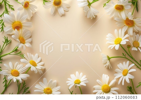 Frame of daisies, petals, leaves on a light yellow background. Flat lay, top view floral background. AI-generated content 112060083