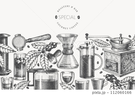 Alternative Coffee Makers Illustration. Vector Hand Drawn Specialty Coffee Equipment Banner. Vintage Style Coffee Bar Design Alternative Coffee Makers Illustration. Vector Hand Drawn Specialty Coffee Equipment Banner. Vintage Style Coffee Bar Design 112060166