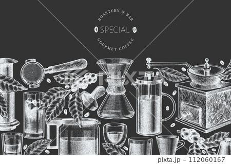 Alternative Coffee Makers Chalk Board Illustration. Vector Hand Drawn Specialty Coffee Equipment Banner. Vintage Style Coffee Bar Design Alternative Coffee Makers Chalk Board Illustration. Vector Hand Drawn Specialty Coffee Equipment Banner. Vintage Style Coffee Bar Design 112060167