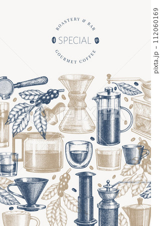Alternative Coffee Makers Illustration. Vector Hand Drawn Specialty Coffee Equipment Banner. Vintage Style Coffee Bar Design 112060169