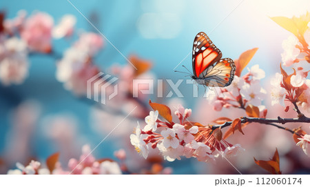 Spring background with blooming cherry tree and butterfly. 112060174