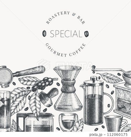 Alternative Coffee Makers Illustration. Vector Hand Drawn Specialty Coffee Equipment Banner. Vintage Style Coffee Bar Design Alternative Coffee Makers Illustration. Vector Hand Drawn Specialty Coffee Equipment Banner. Vintage Style Coffee Bar Design 112060175