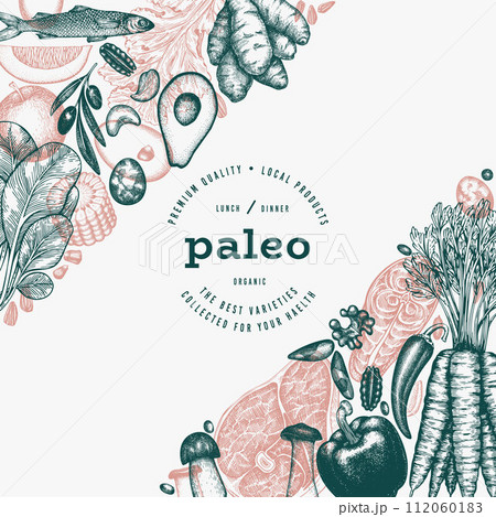 Paleo Diet Design Template. Vector Hand Drawn Healthy Food Banner. Vintage Style Menu Illustration. Paleo Diet Design Template. Vector Hand Drawn Healthy Food Banner. Vintage Style Menu Illustration. 112060183