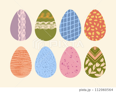 Decorated Easter eggs vector illustration set. Cute colorful eggs hand painted with brush strokes, dots and lines isolated on pastel background. Flat cartoon poster. Egg hunt modern textured design 112060564