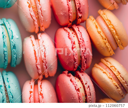 Colorful macarons on a pink background. Toned. 112060757