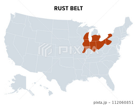 Rust Belt of the United States, political map. Region in the Northeastern and Midwestern United States, experiencing industrial and economic decline, population loss and urban decay since the 1950s. 112060851