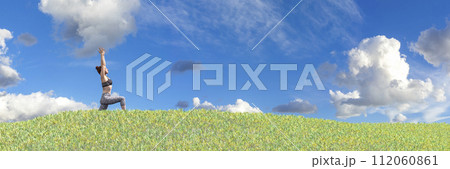Harmony with Nature: Woman Practicing Yoga in Lush Green Field Under Blue Sky 112060861