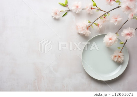 Easter table setting with spring blossom flowers. Generative AI 112061073