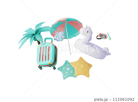 Summer elements 3d icon clipart island isolated on white background, Minimal Realistic objects for mock-up with summer theme, beach umbrella, sand, inflatable ring, vacation time to travel. 112061092