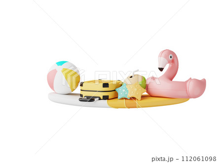 Summer elements 3d icon clipart island isolated on white background, Minimal Realistic objects for mock-up with summer theme, beach umbrella, sand, inflatable ring, vacation time to travel. 112061098