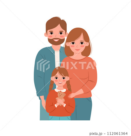 Family with one child. Parents and daughter are standing. Flat cartoon vector illustration. Family with one child. Parents and daughter are standing. Flat cartoon vector illustration. 112061364