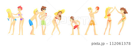 People Character on Beach Sunbathing Wearing Swimsuit Vector Set 112061378