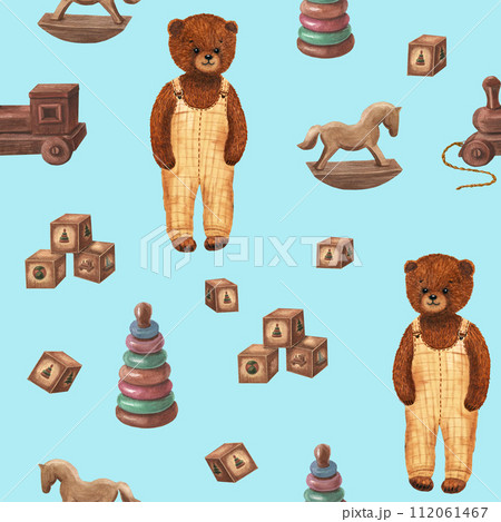 Cute funny little baby bear toy seamless pattern. 112061467