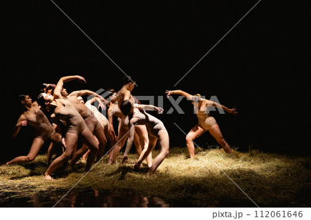 Group of modern ballet dancers. Contemporary art. Young flexible athletic men and women. Group of modern ballet dancers. Contemporary art. Young flexible athletic men and women. 112061646
