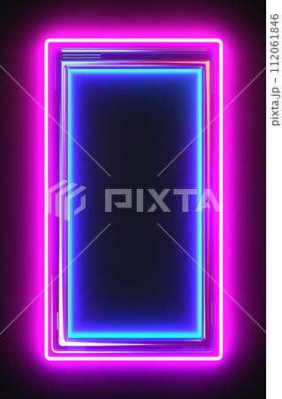 Rectangle horizontal Neon lights frame mock up with glowing pink and blue lights. 112061846