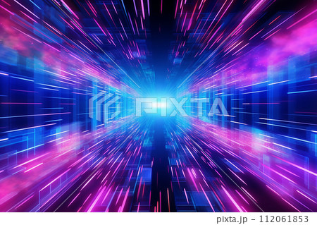 Abstract digital tunnel with vibrant blue and pink light trails. 112061853