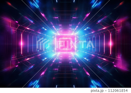 Vibrant neon tunnel forming a futuristic square portal 112061854