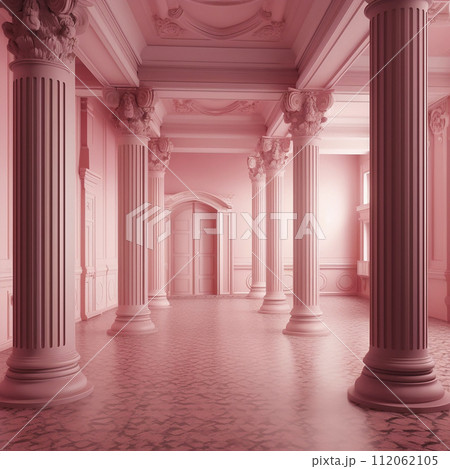 Empty pink room hall with columns and stucco on the ceiling, baroque style 112062105