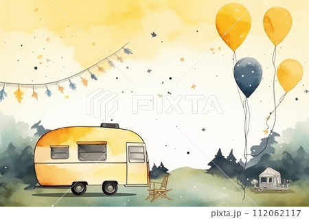 Whimsical watercolor illustration of a vintage caravan with balloons, perfect for postcard or invitation card 112062117