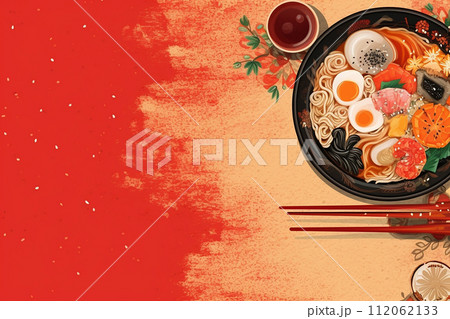 A Vibrant Display of a Delicious Ramen Bowl, Accompanied by Chopsticks and Sauce 112062133