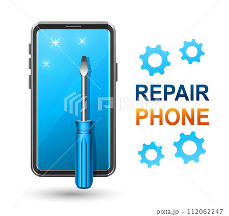 Mobile phone repair service, broken smartphone device fix. Technical maintenance center. Telephone recovery. Computer electronics renovation. Cellphone or digital tablet with screwdriver tool vector 112062247