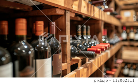 Lineup of wine bottles on wooden wine rack in cellar Lineup of wine bottles on wooden wine rack in cellar 112062311