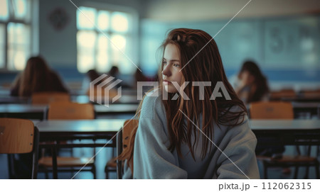 Pensive Student in Classroom Environment Pensive Student in Classroom Environment 112062315