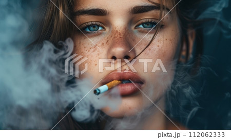 Close-Up of Red Lips Smoking a Cigarette 112062333